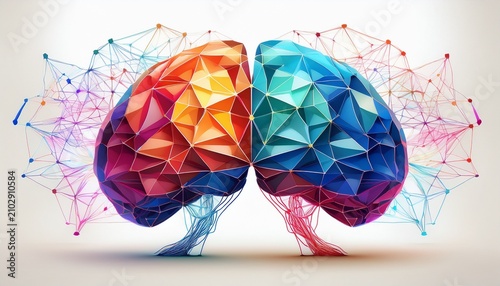 polygonal brain with colorful geometric left and blue right hemispheres connected by neural network isolated on white