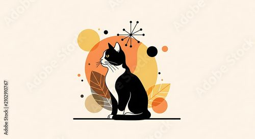 Mid century modern art illustration of a cute cat sitting on a retro geometric background with geometric, minimalist