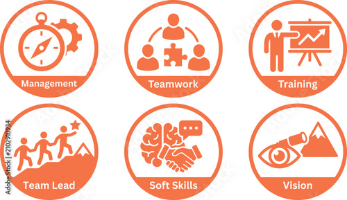 Business skills and team leadership round icons with management teamwork training leadership business strategy professional development corporate planning collaboration organization