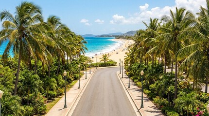 Deken met foto Palmboom Slingerende kustweg palmen richting zonnig tropisch strand  © Ali