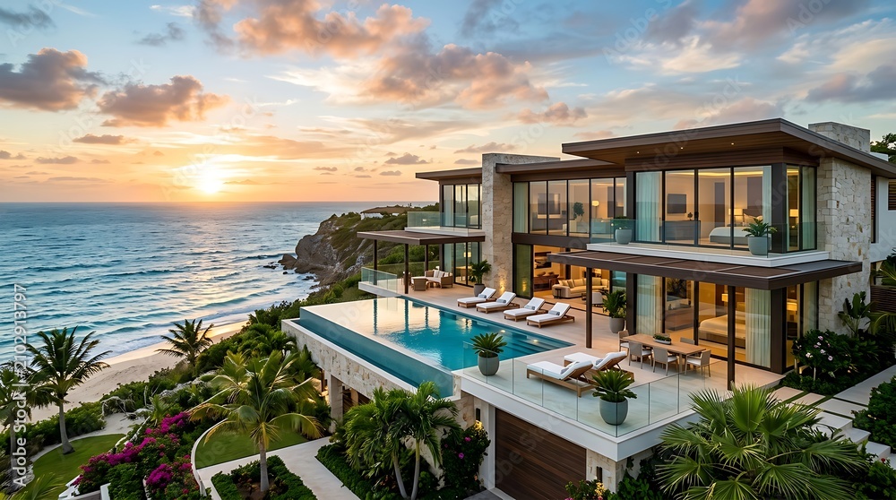 Fototapeta premium Tropical resort villa at golden hour over water.