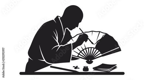 Professional artisan painting a traditional folding fan in this clean black and white vector graphic illustration for creative design projects