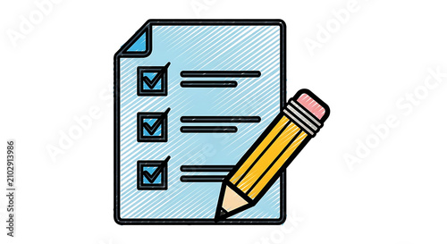 Digital checklist document with completed tasks and yellow pencil concept icon illustration checklist document