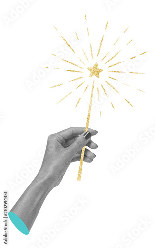 Surreal scrapbook art collage with human hand holding a golden magic wand on transparent background - magic, celebration, wishes and creative imagination