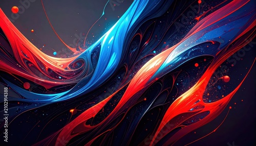 Abstract red and blue fluid light swirl background.