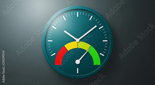 Wall clock with performance gauge meter showing red yellow green status levels performance measurement indicator