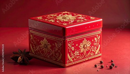 Elegant red gift box with intricate golden floral patterns.