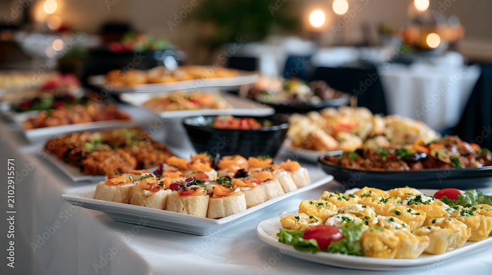 Obraz premium A long buffet table laden with assorted appetizers and dishes under warm ambient lighting for a festive gathering