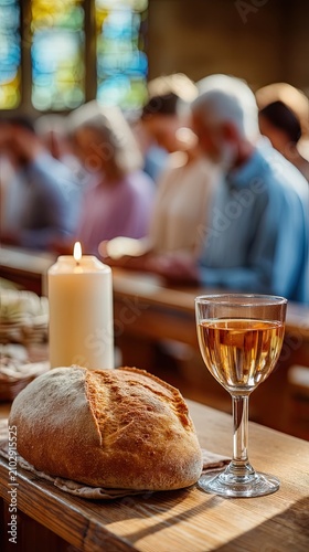 Eucharistic Elements in Sunlit Church Setting with Stained Glass Reflection, Bread and Wine Symbolizing Communion and Faith