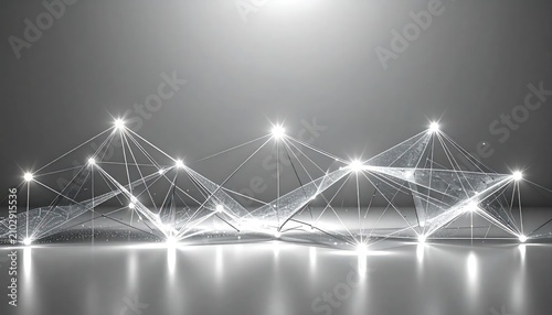 Abstract white plexus network glowing on reflective surface.