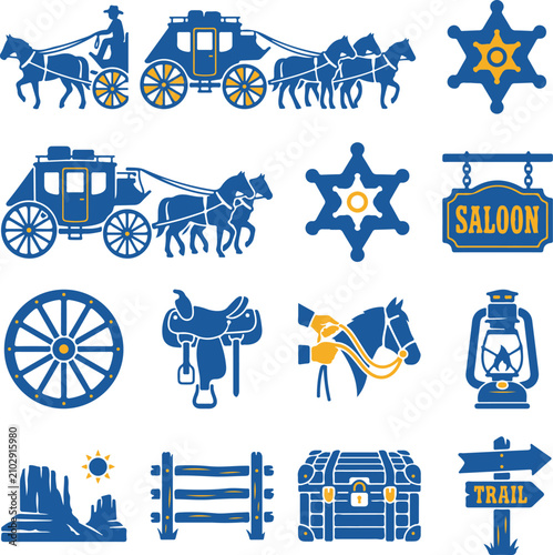 Wild West icons and symbols including stagecoach sheriff badge and saloon on a white background