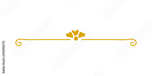 Golden decorative horizontal line divider with heart shaped flourish and swirls, isolated on transparent background