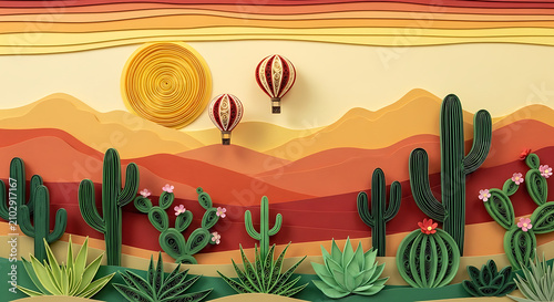Desert landscape with cacti and hot air balloons paper craft art style landscape hotairballoon papercraft