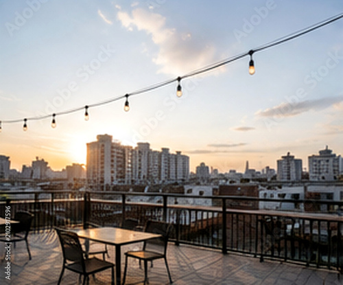An urban rooftop terrace with simple tables and chairs overlooking a layered city skyline during warm evening light