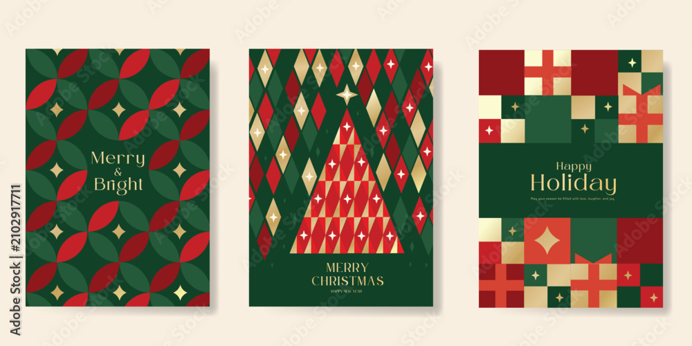 Obraz premium Christmas and Happy holiday greeting card vector set. Elegant wallpaper with geometric Christmas elements and pattern . Holidays design illustration for cover, print, poster, Happy New Year, ads.