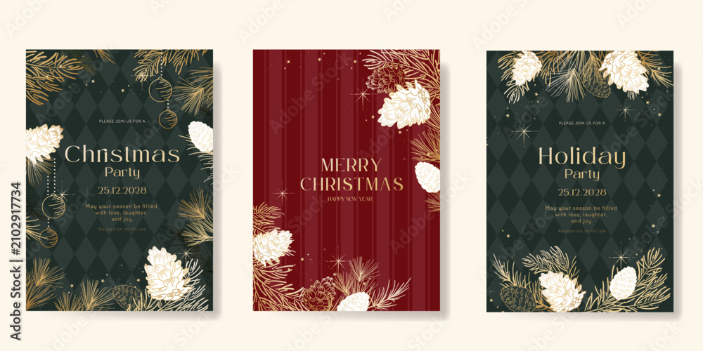 Obraz premium Christmas and Happy holiday greeting card vector set. Elegant hand drawn wallpaper with pine leaves, pinecone, wreath. Holidays design illustration for cover, print, poster, Happy New Year, ads.