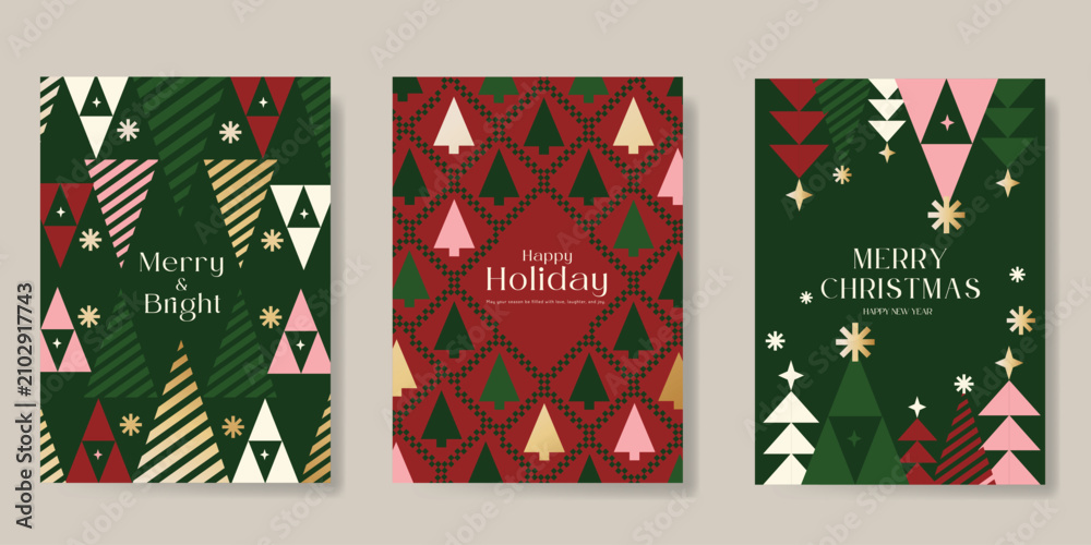 Obraz premium Christmas and Happy holiday greeting card vector set. Elegant wallpaper with geometric Christmas elements and pattern . Holidays design illustration for cover, print, poster, Happy New Year, ads.