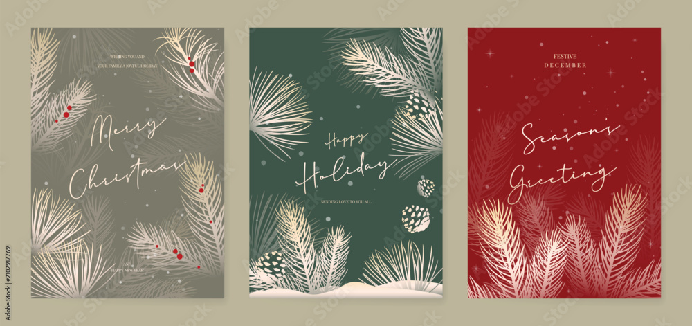 Obraz premium Christmas and Happy holiday greeting card vector set. Elegant hand drawn wallpaper with pine leaves, pinecone, wreath. Holidays design illustration for cover, print, poster, Happy New Year, ads.