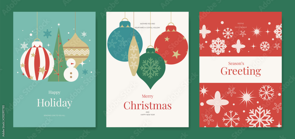 Fototapeta premium Christmas and Happy holiday greeting card vector set. Elegant wallpaper with geometric Christmas elements and pattern . Holidays design illustration for cover, print, poster, Happy New Year, ads.