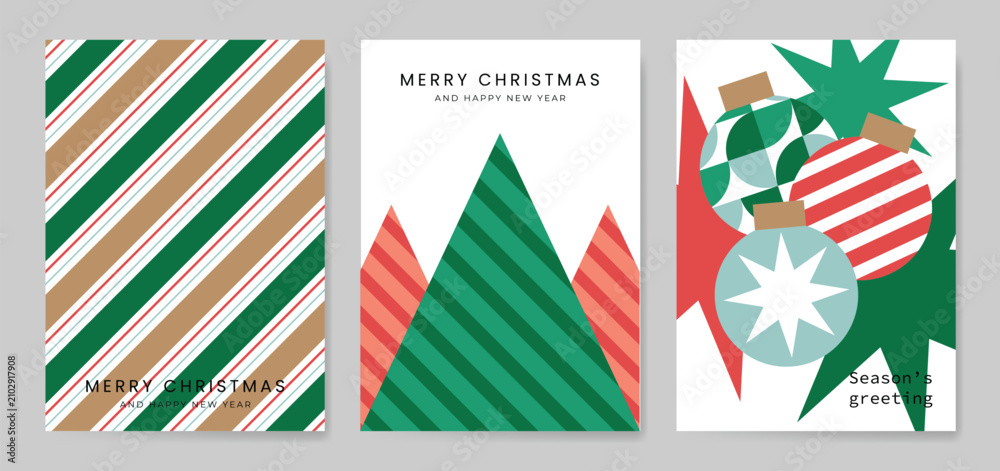 Fototapeta premium Christmas and Happy holiday greeting card vector set. Elegant wallpaper with geometric Christmas elements and pattern . Holidays design illustration for cover, print, poster, Happy New Year, ads.