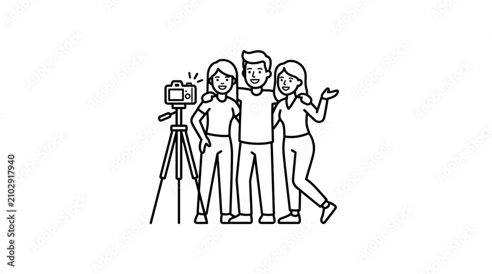 Obraz premium Three friends posing for a photo in front of a camera on a tripod.