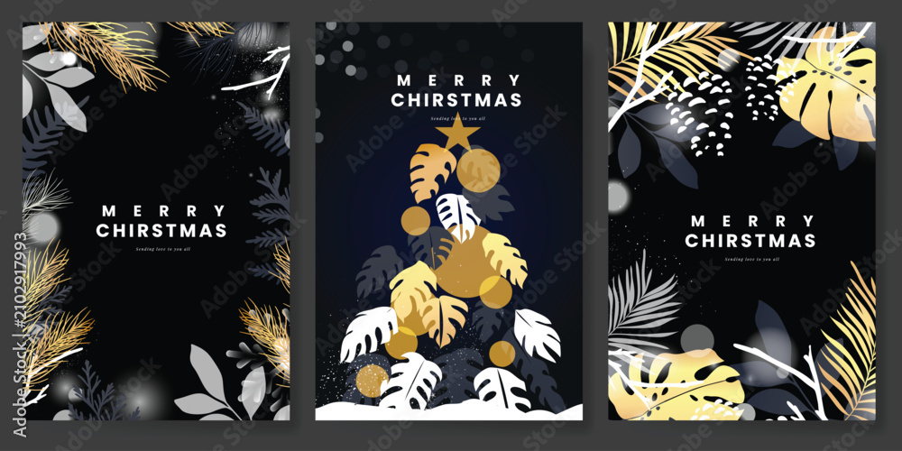 Fototapeta premium Christmas and Happy holiday greeting card vector set. Elegant hand drawn wallpaper with pine leaves, pinecone, wreath. Holidays design illustration for cover, print, poster, Happy New Year, ads.