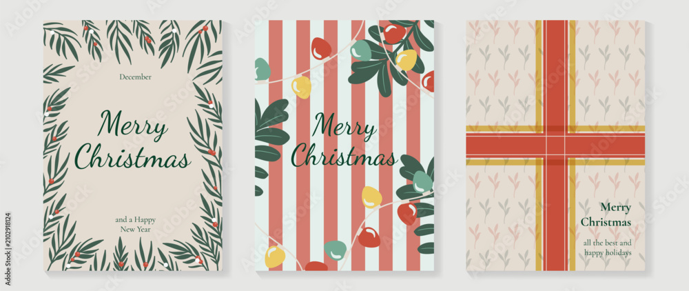 Fototapeta premium Christmas and Happy holiday greeting card vector set. Elegant hand drawn wallpaper with pine leaves, pinecone, wreath. Holidays design illustration for cover, print, poster, Happy New Year, ads.