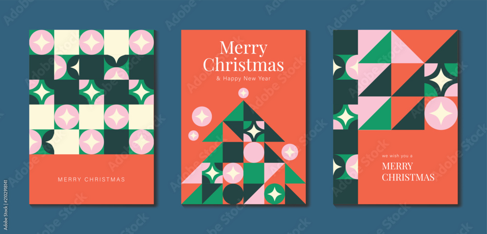 Fototapeta premium Christmas and Happy holiday greeting card vector set. Elegant wallpaper with geometric Christmas elements and pattern . Holidays design illustration for cover, print, poster, Happy New Year, ads.