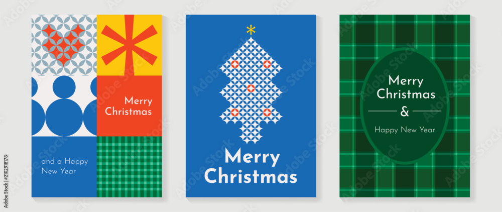 Fototapeta premium Christmas and Happy holiday greeting card vector set. Elegant hand drawn wallpaper with pine leaves, pinecone, wreath. Holidays design illustration for cover, print, poster, Happy New Year, ads.