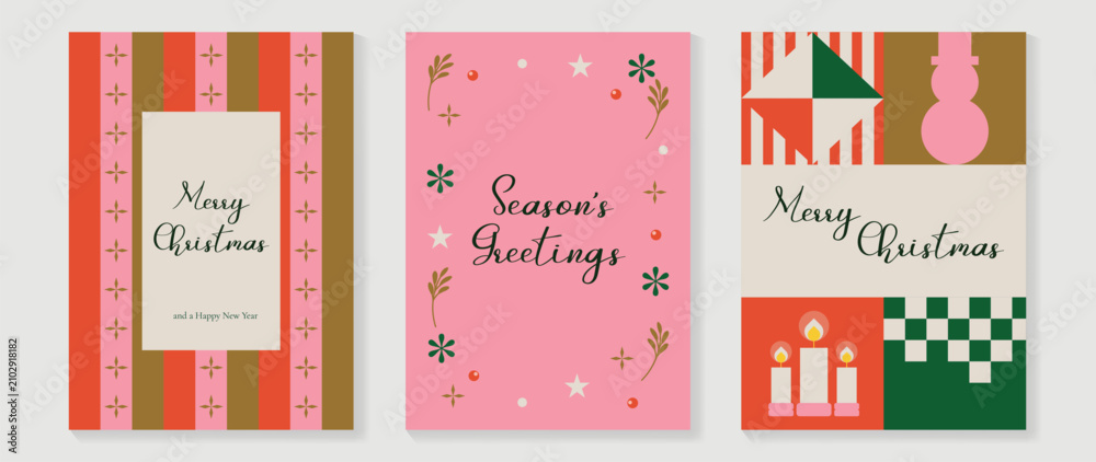 Fototapeta premium Christmas and Happy holiday greeting card vector set. Elegant hand drawn wallpaper with pine leaves, pinecone, wreath. Holidays design illustration for cover, print, poster, Happy New Year, ads.