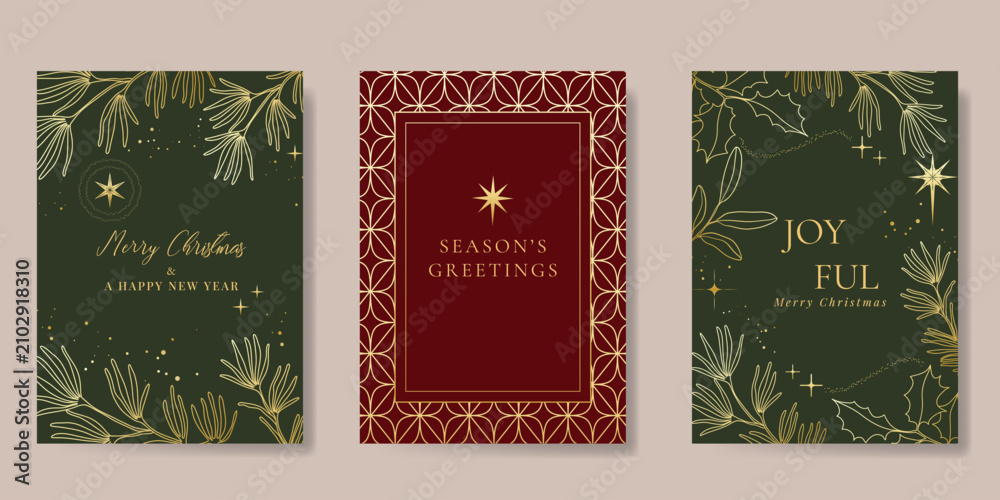 Fototapeta premium Christmas and Happy holiday greeting card vector set. Elegant hand drawn wallpaper with pine leaves, pinecone, wreath. Holidays design illustration for cover, print, poster, Happy New Year, ads.
