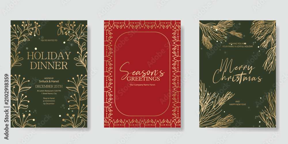 Fototapeta premium Christmas and Happy holiday greeting card vector set. Elegant hand drawn wallpaper with pine leaves, pinecone, wreath. Holidays design illustration for cover, print, poster, Happy New Year, ads.