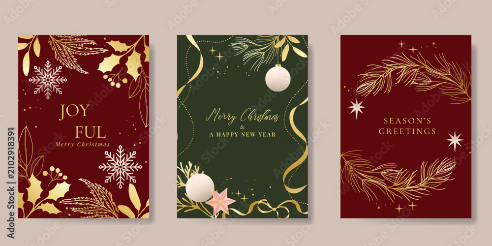 Fototapeta premium Christmas and Happy holiday greeting card vector set. Elegant hand drawn wallpaper with pine leaves, pinecone, wreath. Holidays design illustration for cover, print, poster, Happy New Year, ads.