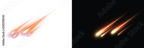 Fiery meteor shower streaks isolated on white and black backgrounds with astronomy abstract velocity particle universe astrology powerful movement