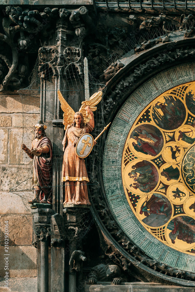 Fototapeta premium Angel statue on the Prague Astronomical Clock calendar dial