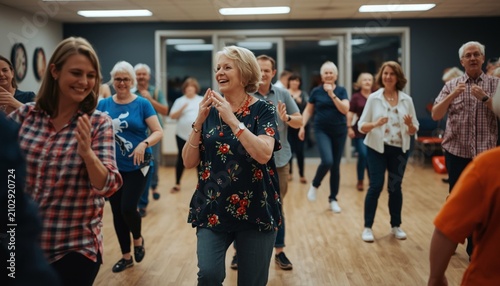 Group of happy senior adults participating in an energetic line dancing class together in a spacious indoor studio setting with bright overhead lighting