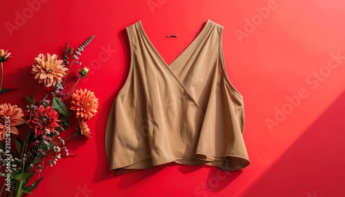 Minimalist beige sleeveless wrap top displayed against a vibrant red background with autumn flowers.