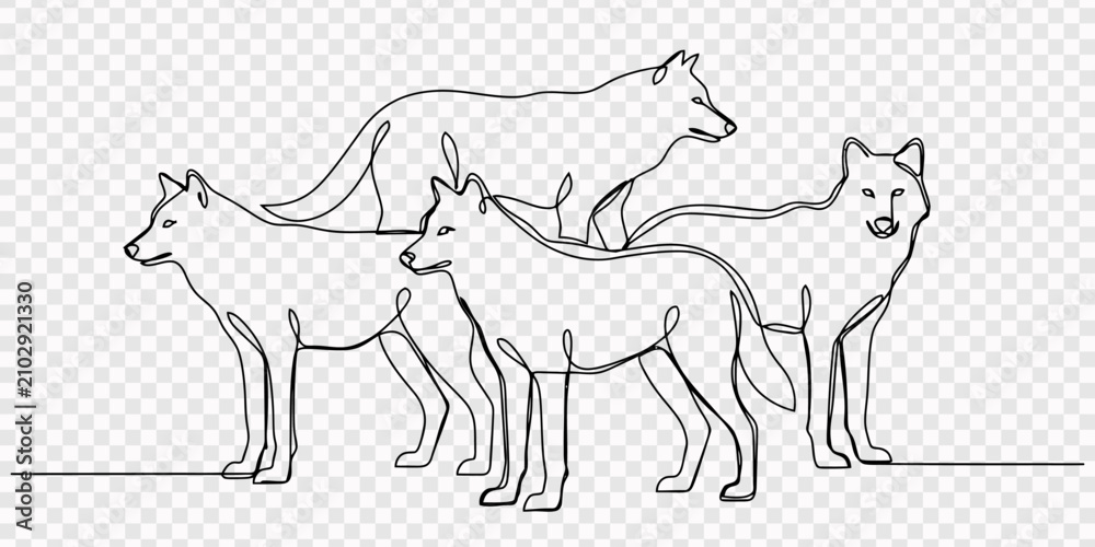 Obraz premium Set of wolf line design. Simple animal silhouette decorative elements drawn with one continuous line. transparent background, Set of continuous line drawing illustrations depicting wolf families, pro.