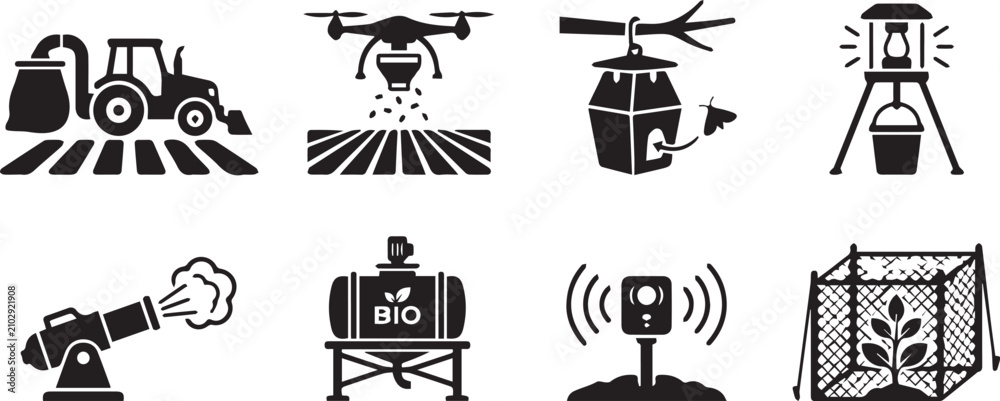 Fototapeta premium Set of black depicting agricultural crop protection tools, including drones, traps, sprayers, and monitoring equipment