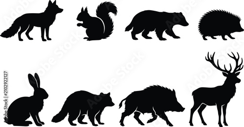Photography Wild Forest Animals Black Silhouette Collection Featuring Fox Bear Deer Boar Rab