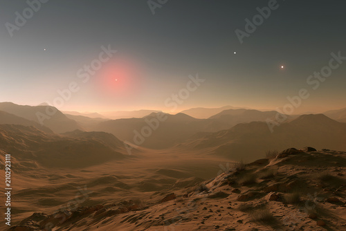 Paysage désertique d'une exoplanète rocheuse aride mais habitable.