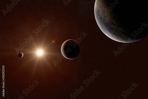 Illustration artistique du système exoplanétaire de l'étoile de Barnard situé à 5.96 années-lumière du Soleil et composé de 4 exoplanètes évoluant  en dehors de la zone habitable.