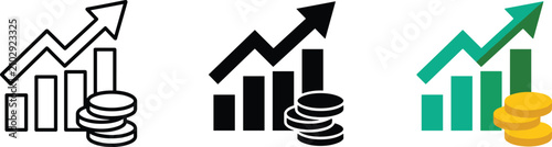 Set of financial growth icons with bar charts and stacks of coins, representing business profit, investment success, and economic progress