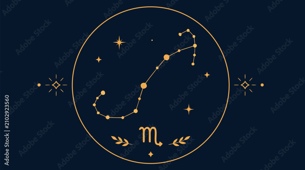 Fototapeta premium Elegant Scorpio zodiac constellation in gold dots and fine connecting lines on deep navy, circular celestial emblem with stars, glyph and laurel accents for astrology horoscope vector design