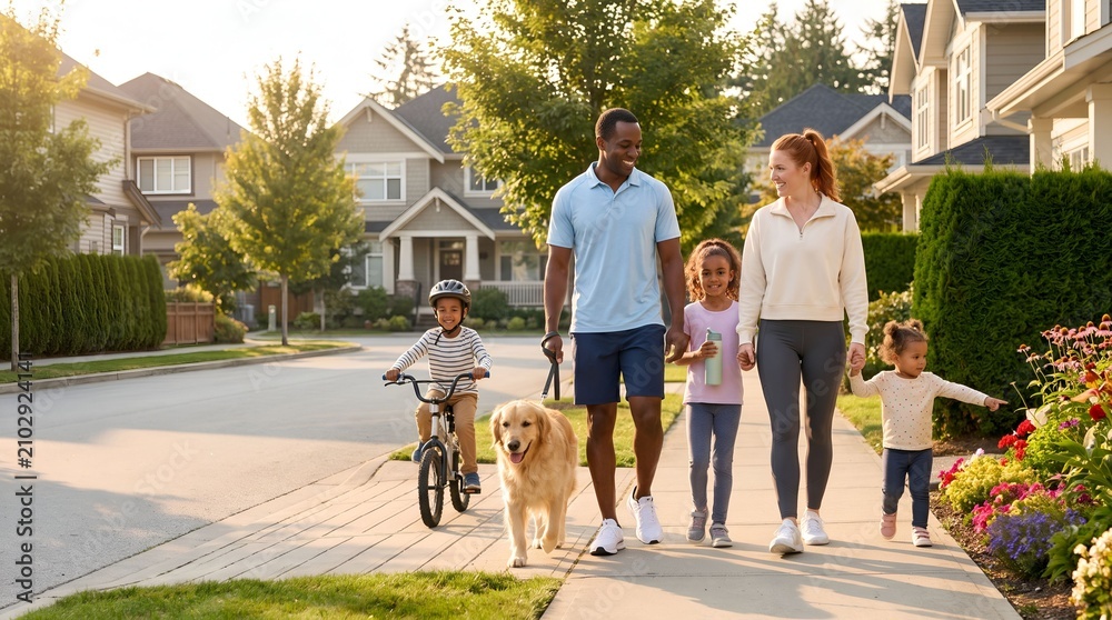 Fototapeta premium Happy interracial family walking with golden retriever in suburban neighborhood during sunny morning