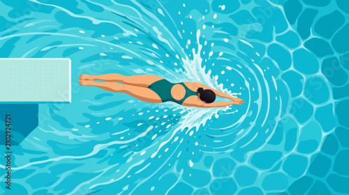 Dynamic top down view of female swimmer diving into turquoise pool, powerful splash trails, rippling lane water and aqua patterns for competition training vector sports poster illustration