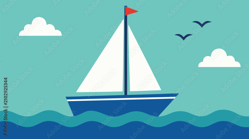 Naklejka premium Cheerful sailboat vector illustration with white sails and blue hull on teal waves, red flag, clouds, and seabirds, clean nautical artwork for travel, summer, boating, and seaside branding