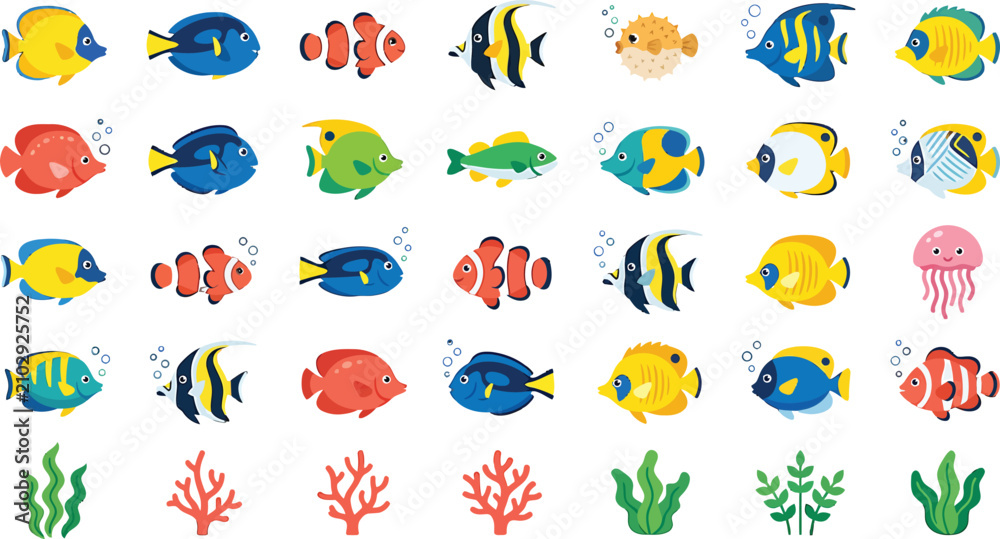 Fototapeta premium Set of colorful tropical fish and coral reef elements for marine life design and aquatic illustrations