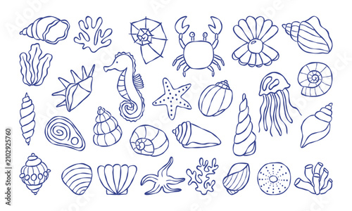 Hand drawn ocean life doodle set with seashells, coral, crab, jellyfish, seahorse and starfish in outline style. Cute nautical vector collection for summer, kids, beach and marine designs.