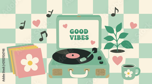 Retro mint record player with vinyl, good vibes message, plant, coffee, hearts and music notes on pastel checkerboard background, cheerful flat vector for nostalgic music lifestyle decor